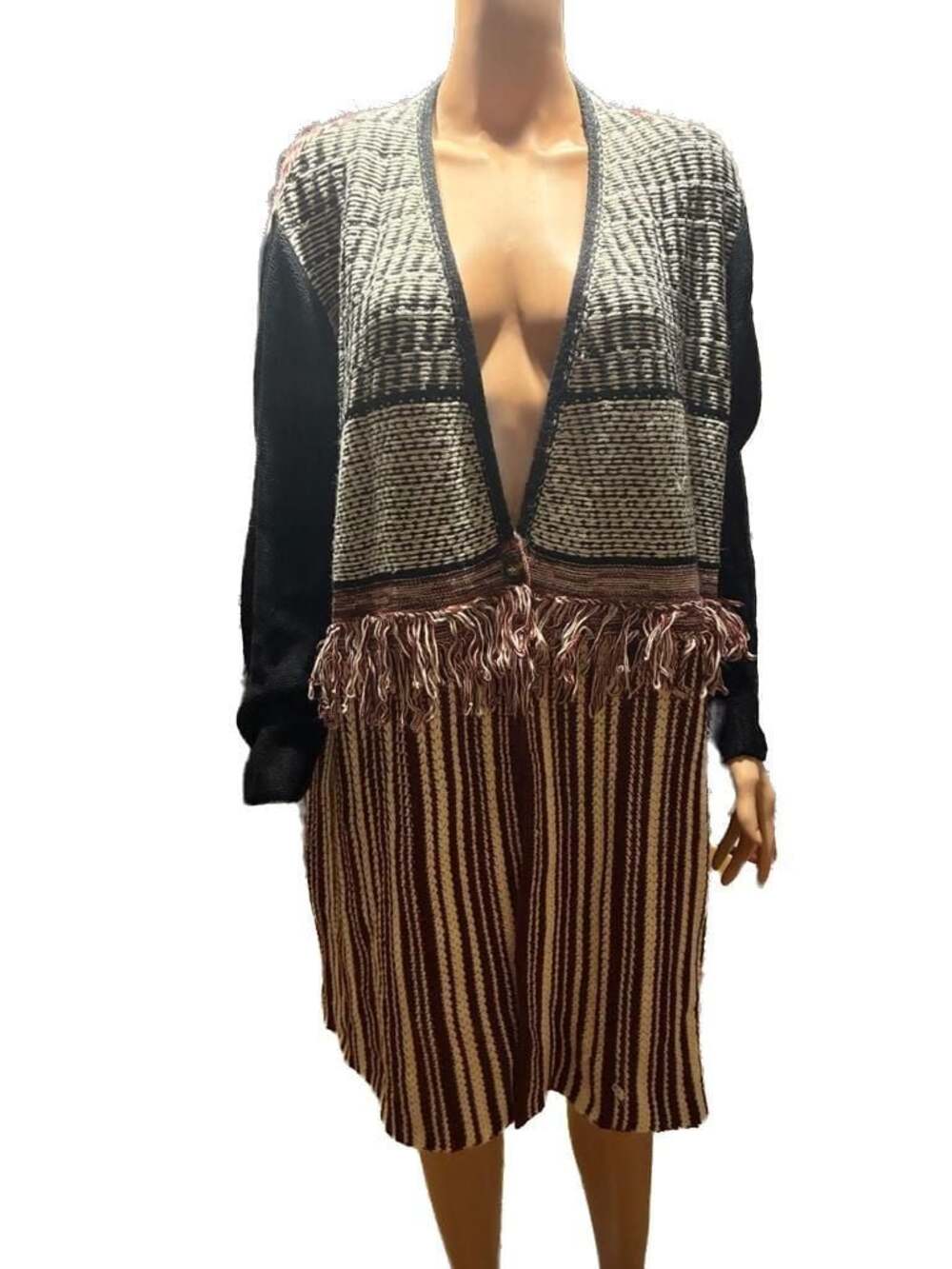 Emerge Women's Plus Size 2X Open Front Fringe Hem Geometric Knit Cardigan Sweate